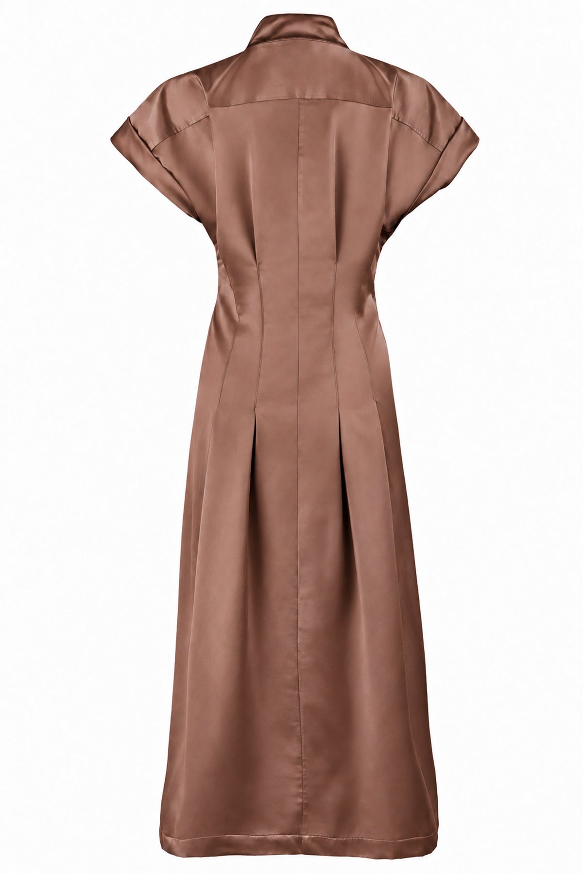 A brown satin-like shirt dress shown from the back, featuring a collar, short cap sleeves, and a central back seam with pleats, set against a plain white background.