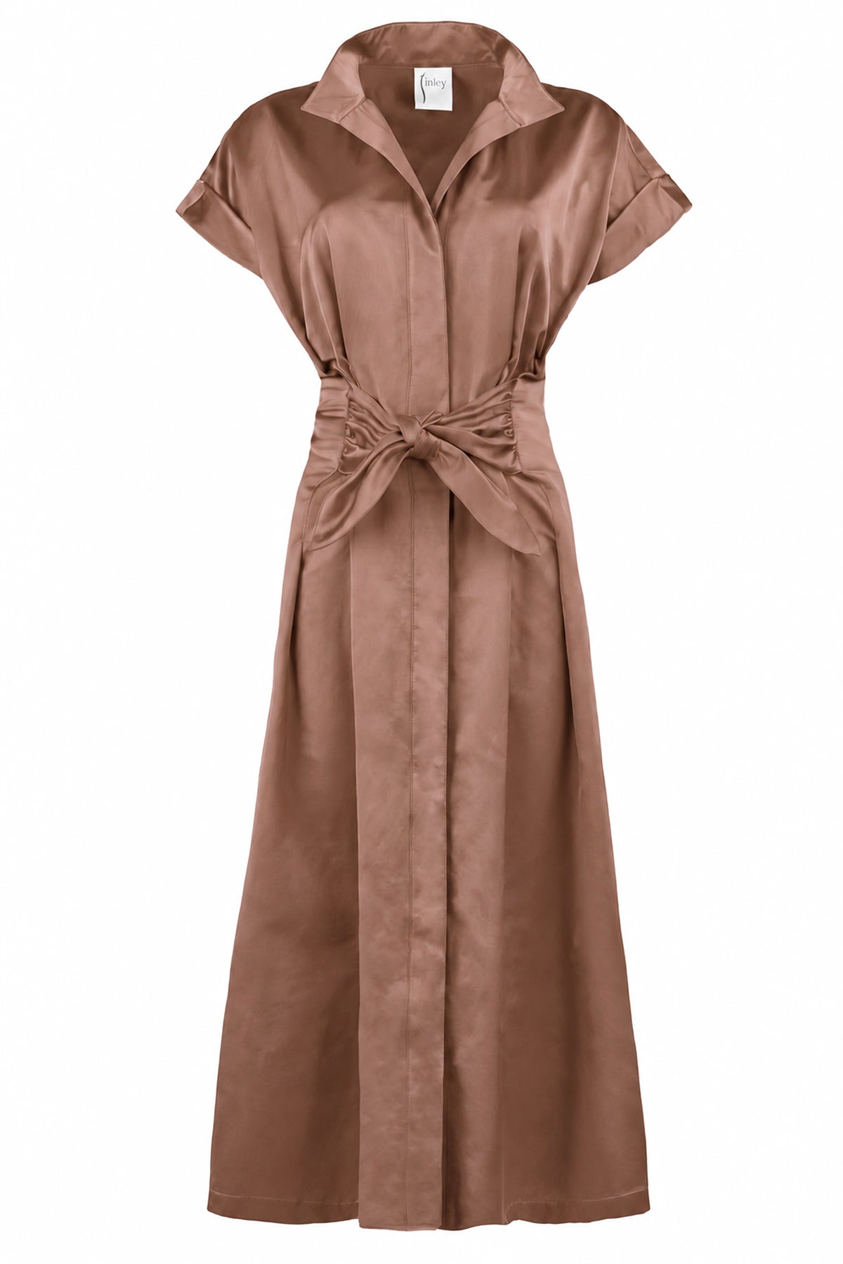 A brown satin-like shirt dress with short sleeves, a pointed collar, and a self-tie belt at the waist, shown against a plain white background.