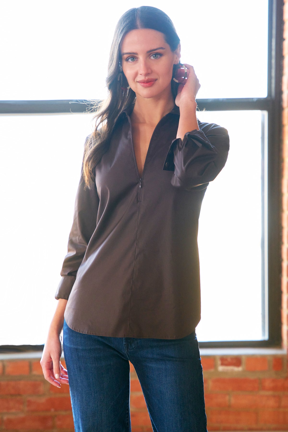 Endora Long Sleeve Half Zip Shirt Chocolate Brown