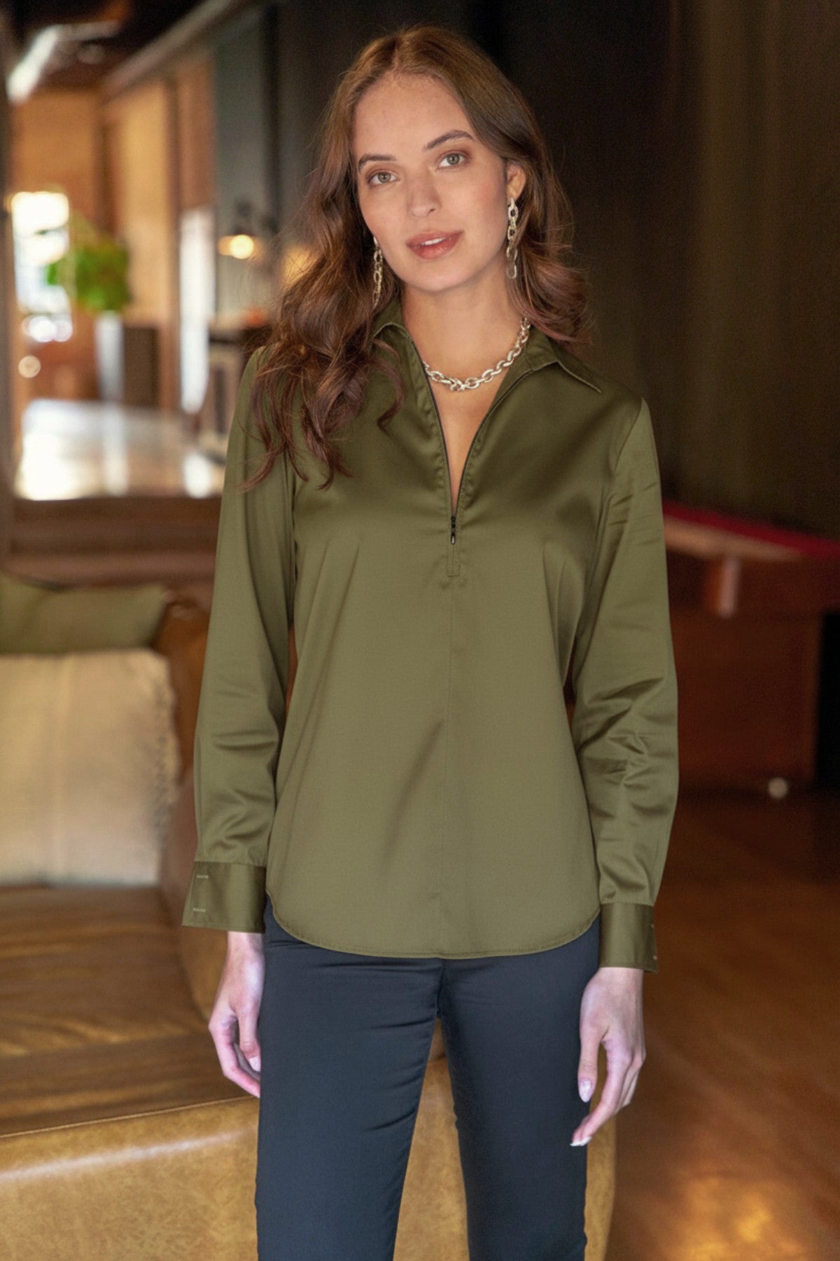 Endora | Half Zip Long Sleeve Poplin Olive Green Blouse | Finley