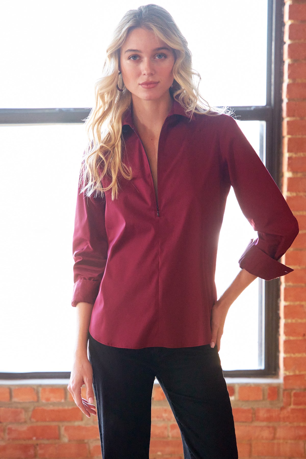 Endora Long Sleeve Half Zip Shirt Burgundy