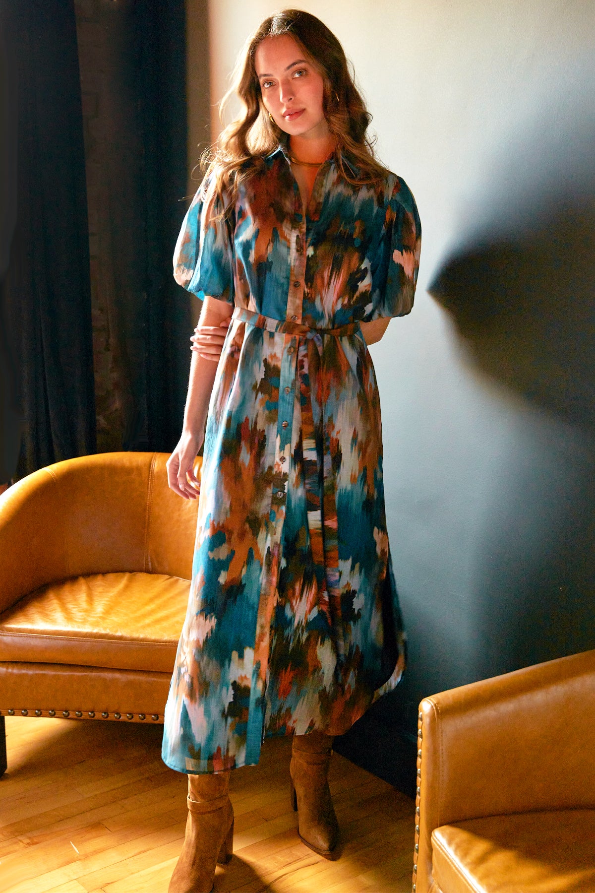 Madeline Puff Sleeve Cotton Voile Maxi Shirt Dress Autumn Brushstroke Madeline Puff Sleeve Cotton Voile Maxi Shirt Dress Autumn Brushstroke