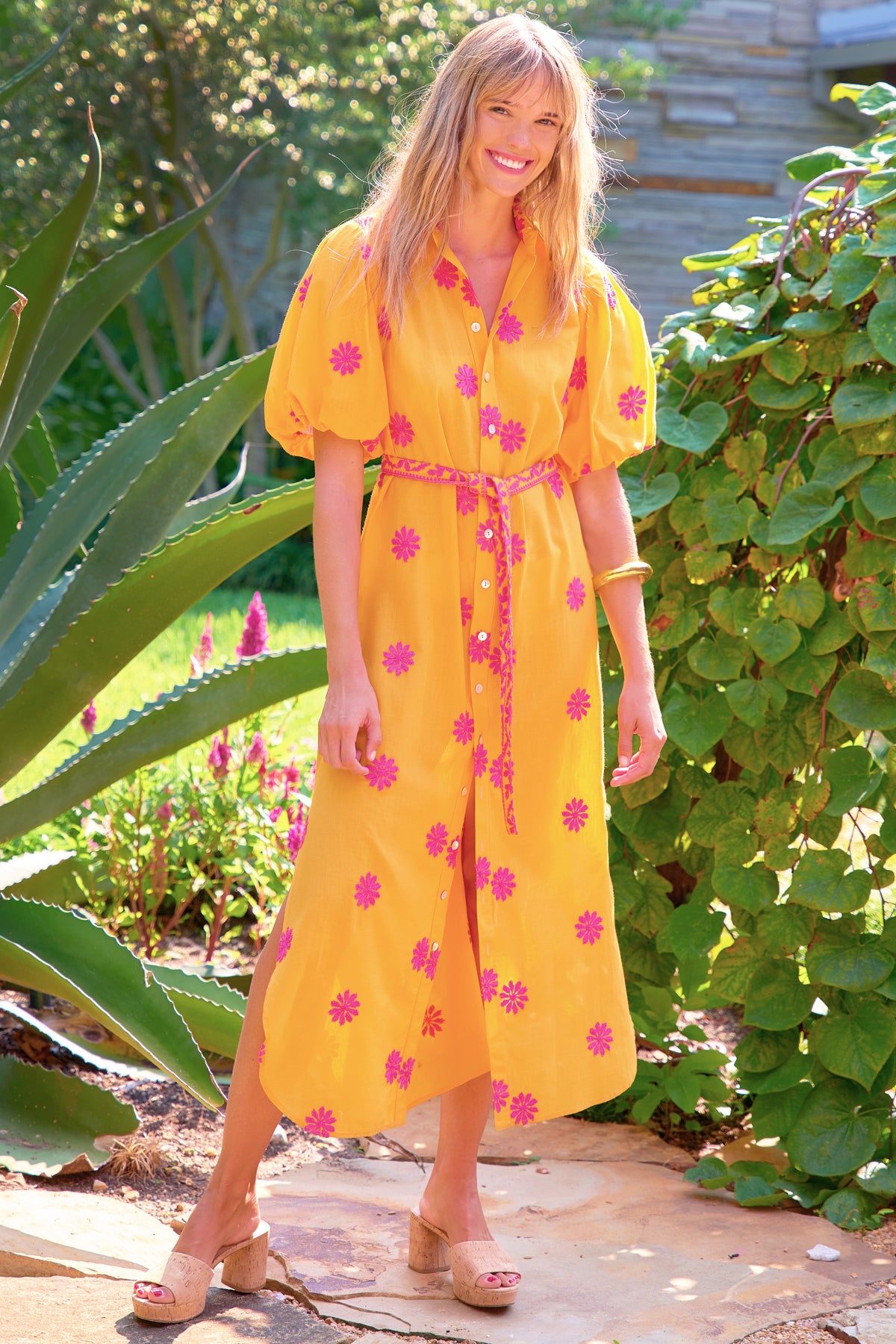 Madeline Puff Sleeve Floral Embroidered Maxi Shirt Dress