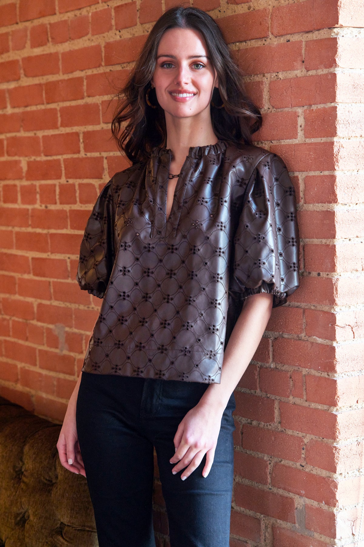Marcie Popover Chocolate Brown Embroidered Vegan Leather