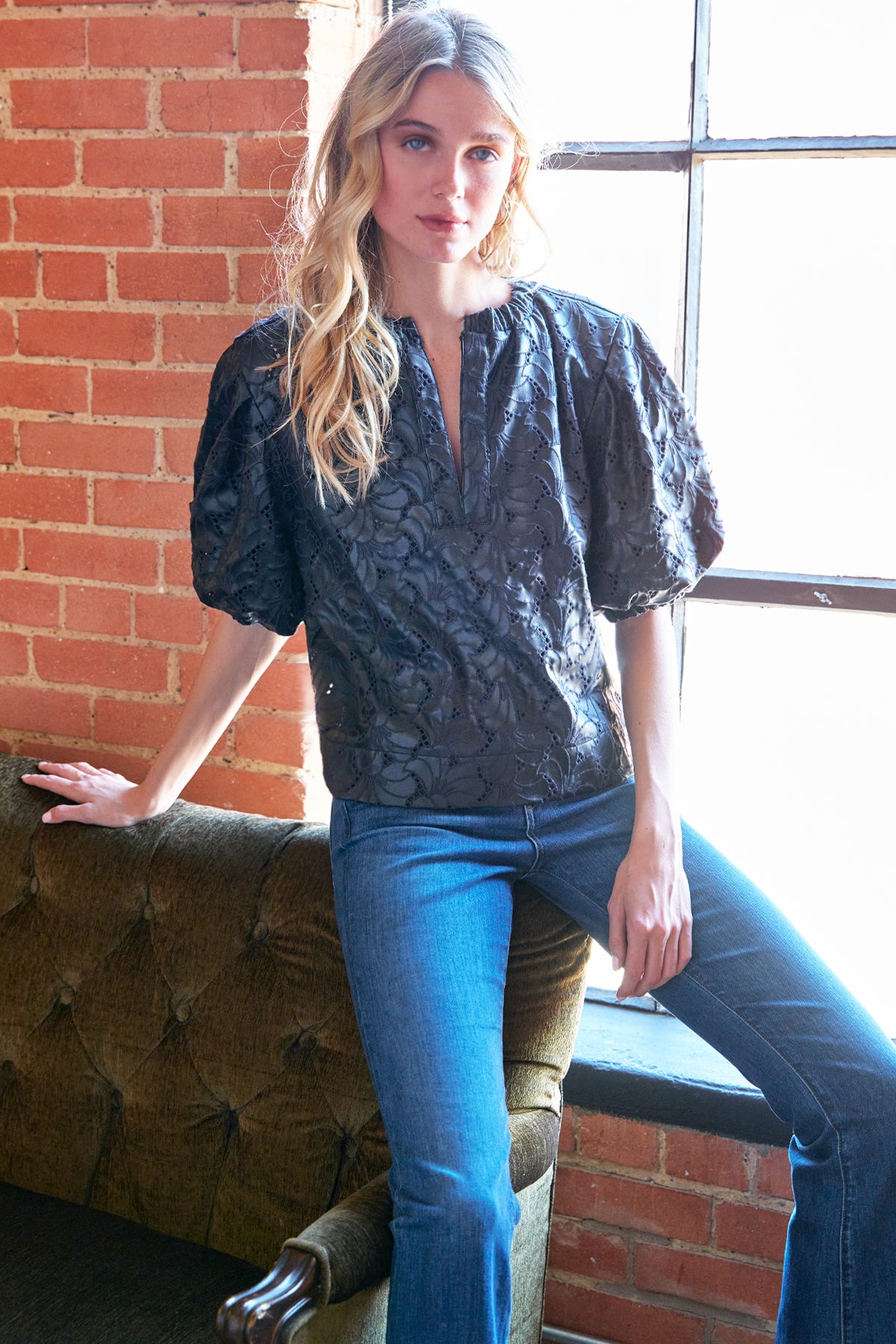 Marcie Popover Navy Embroidered Vegan Leather