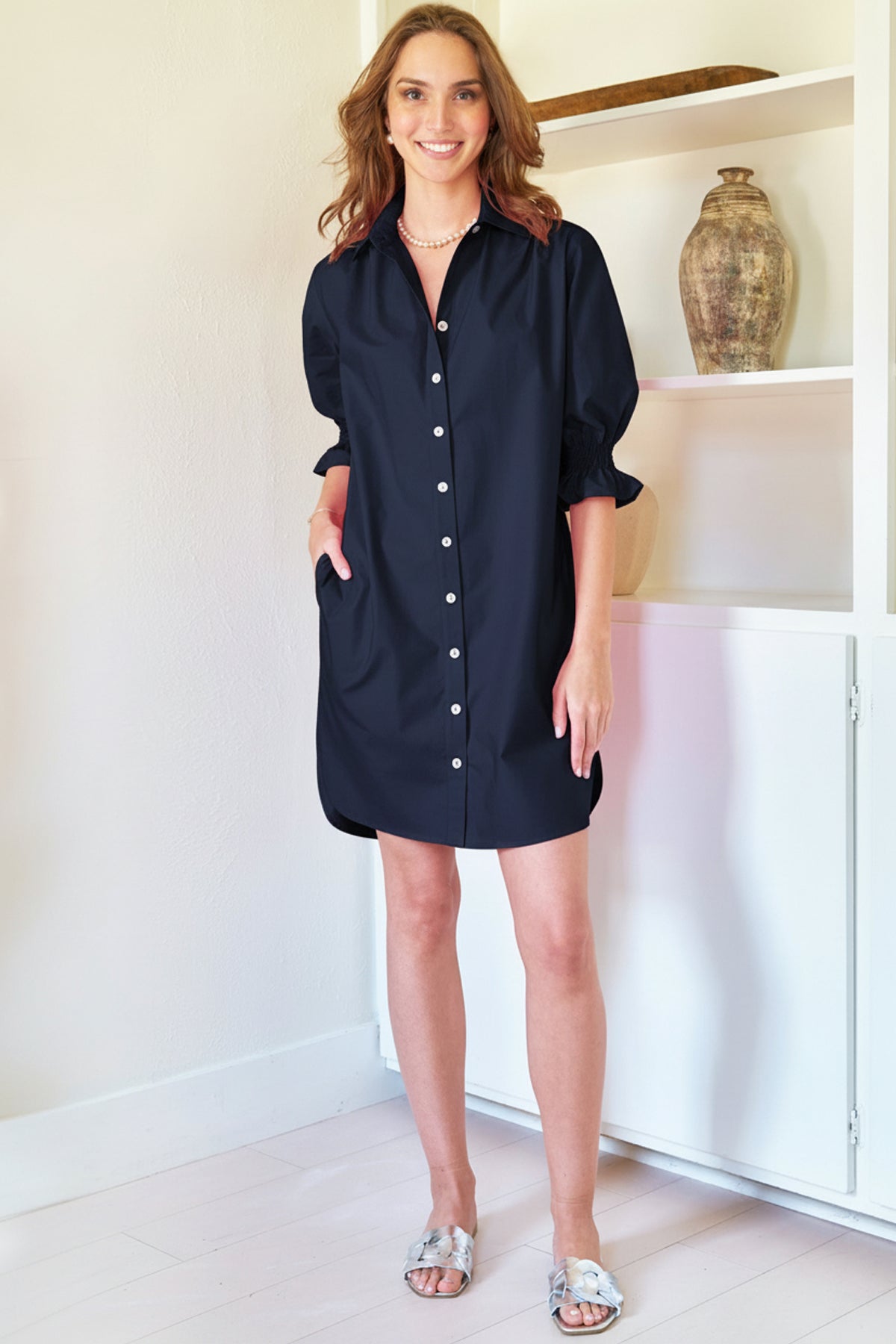 Miller Puff Sleeve Navy Blue Shirt Dress Typewriter Cloth