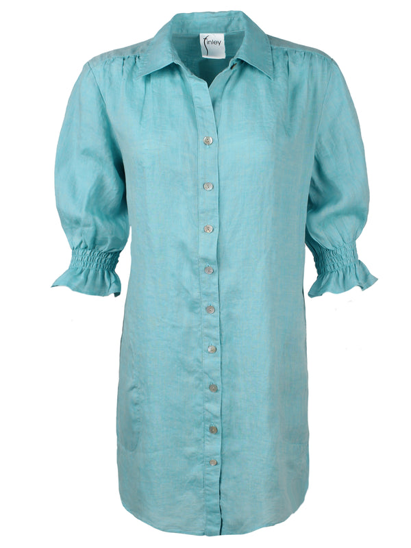 Miller Puff Sleeve Caribbean Blue Washed Linen Shirt Dress