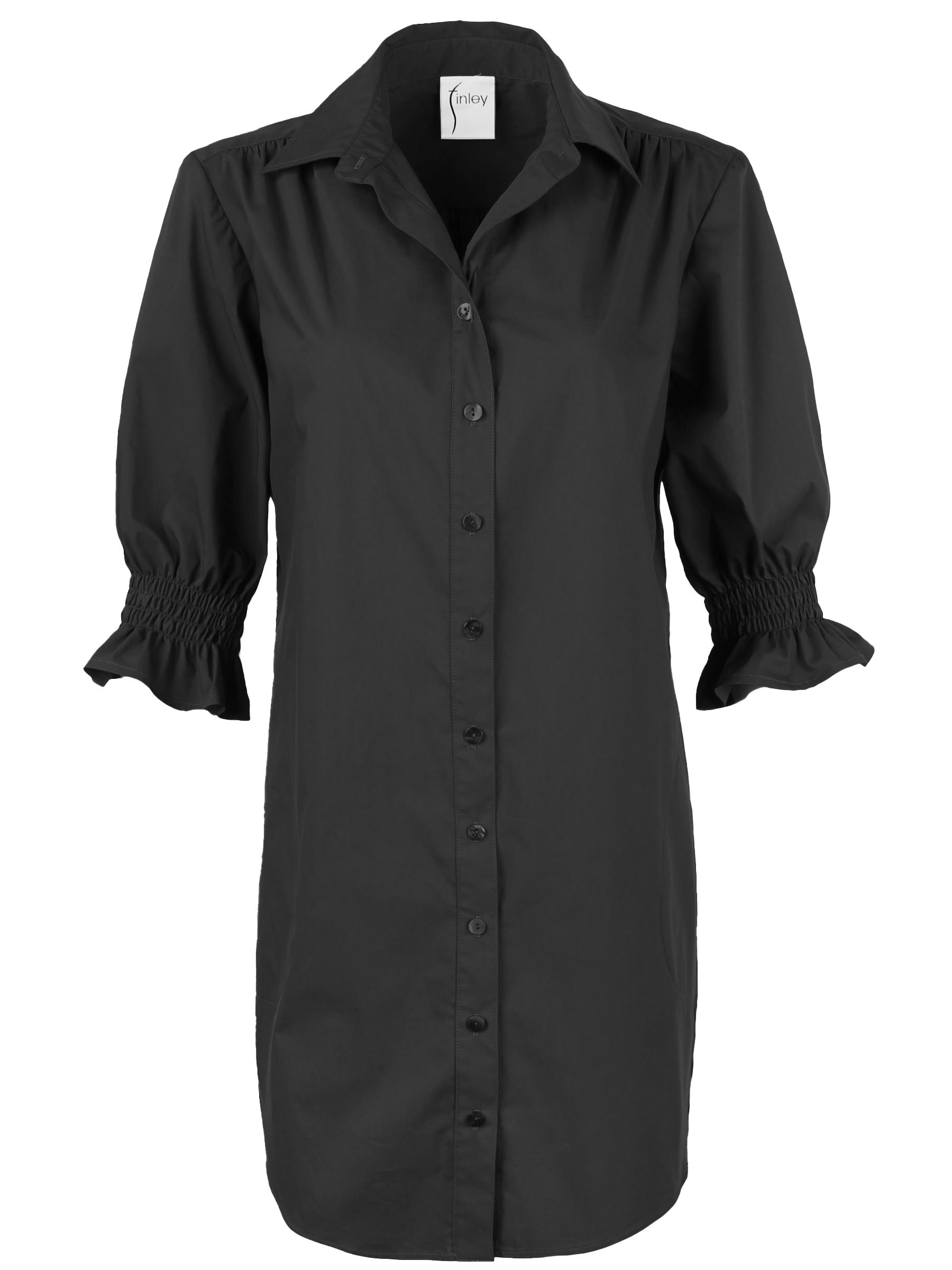 Front view of Finley Miller black techy taffeta shirt dress. Button front, spread collar, short puff sleeves, rounded shirttail hem.