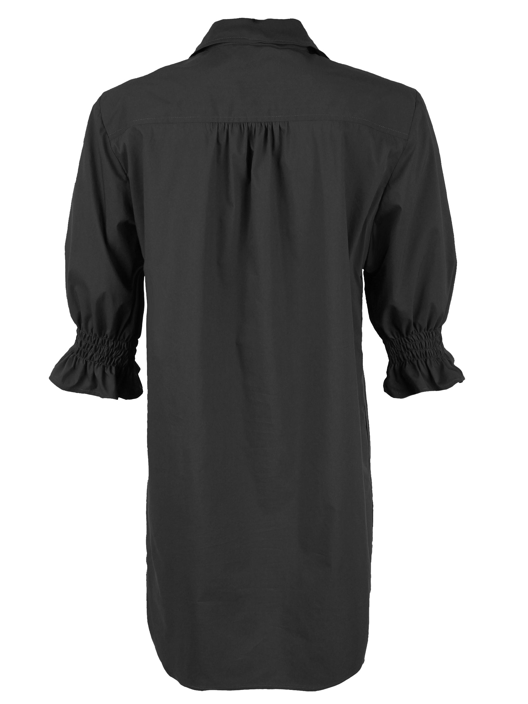 Back view of Finley Miller black techy taffeta shirt dress with ruched back yoke and relaxed shift silhouette. Knee-length.