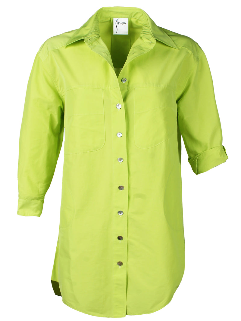 A front view of the Finley Nash dress, a neon green taffeta button down shirt dress with long sleeves and pockets.