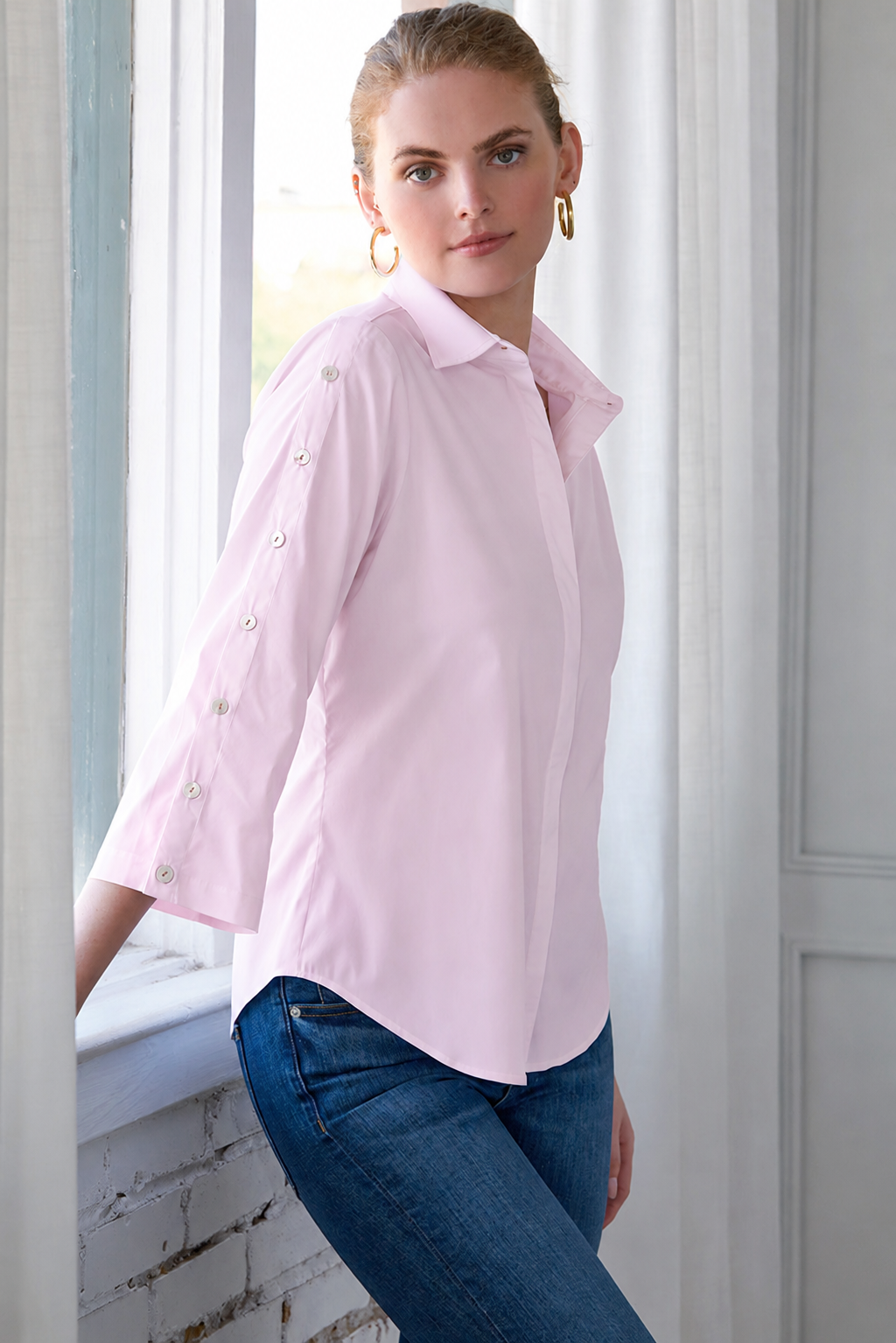 Bianchi Shirt 3/4 Sleeve with Button Details in Silky Poplin Pale Pink