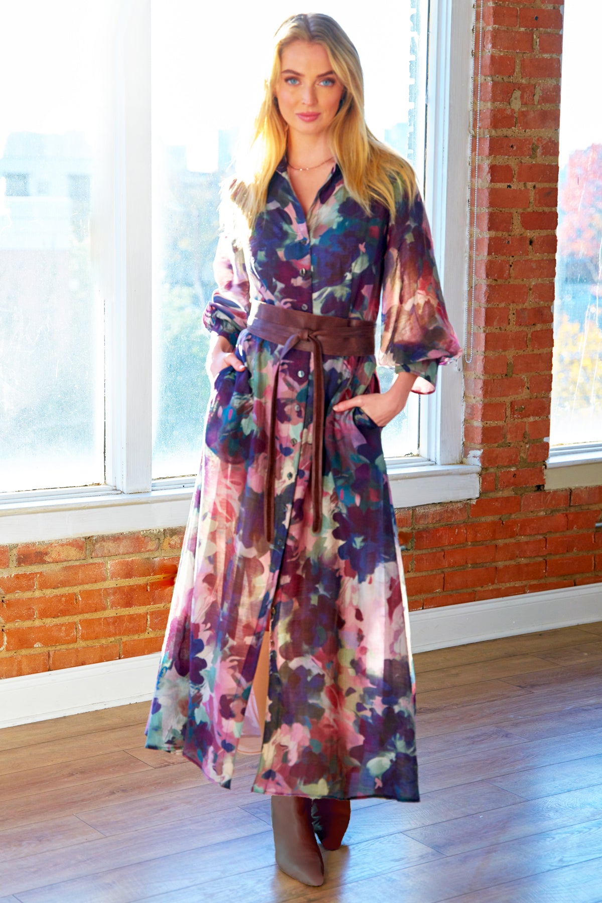 Pilar Shirt Dress, Watercolor Forest Print