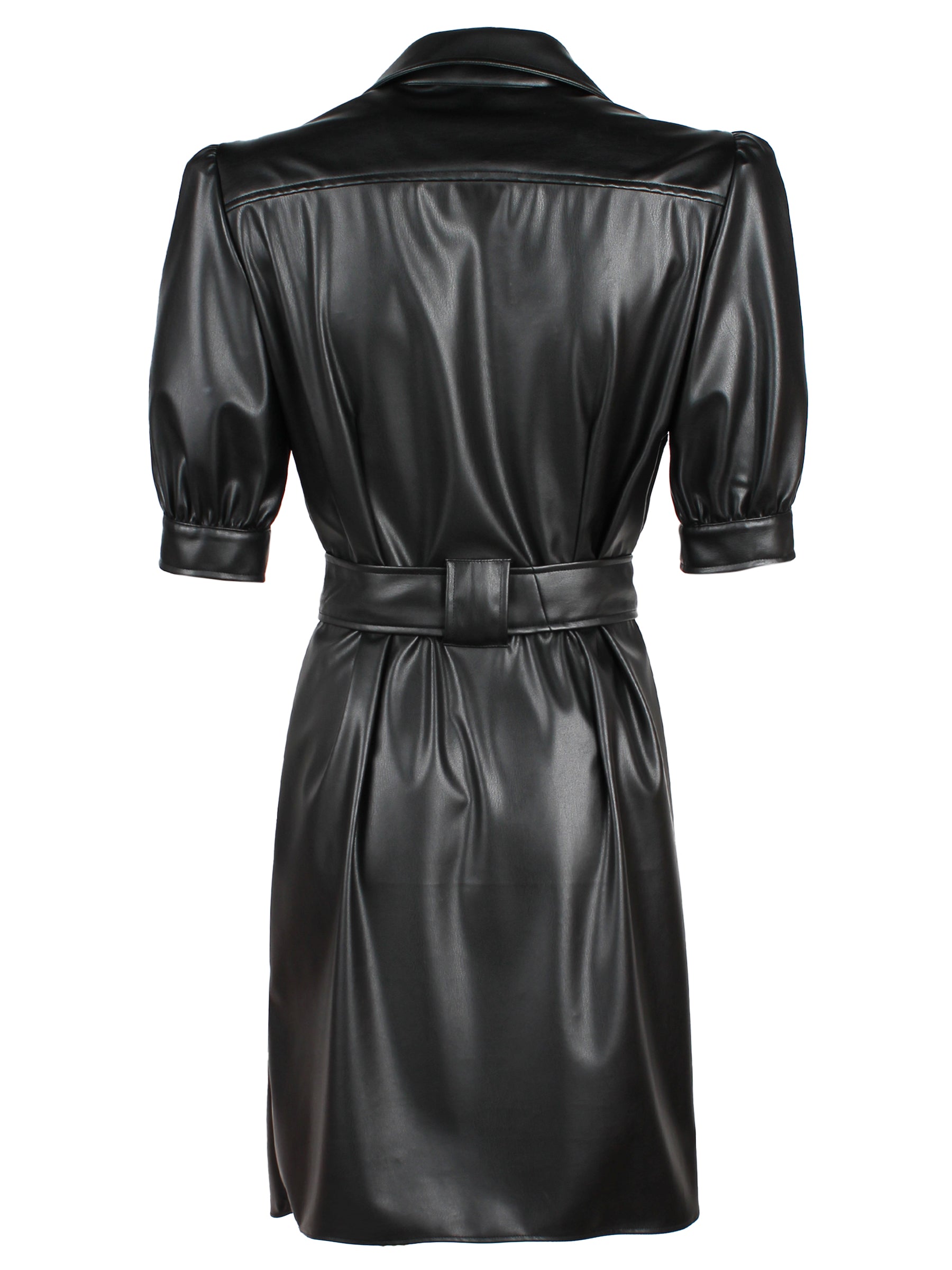 A rear view of the Finley Piper dress, a tie front black vegan leather button down midi shirt dress with short sleeves and a semi-fitted shape.
