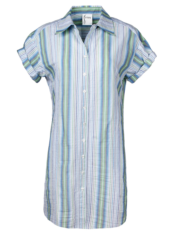 A front view of the Finley camp dress, a blue & white striped shirt dress with short cuff sleeves and a shift silhouette.