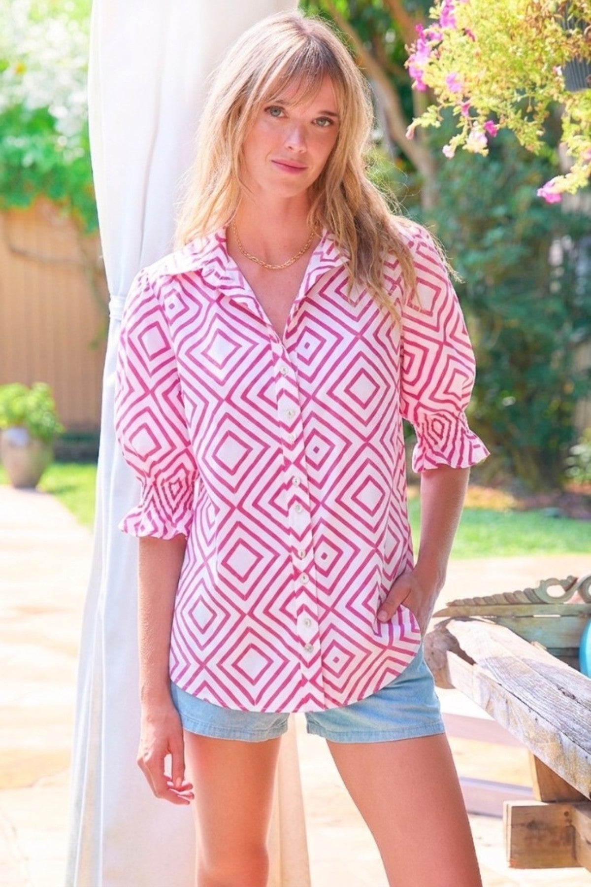 MENDED Sirena Short Puff Sleeve Blouse, Pink Diamond Print