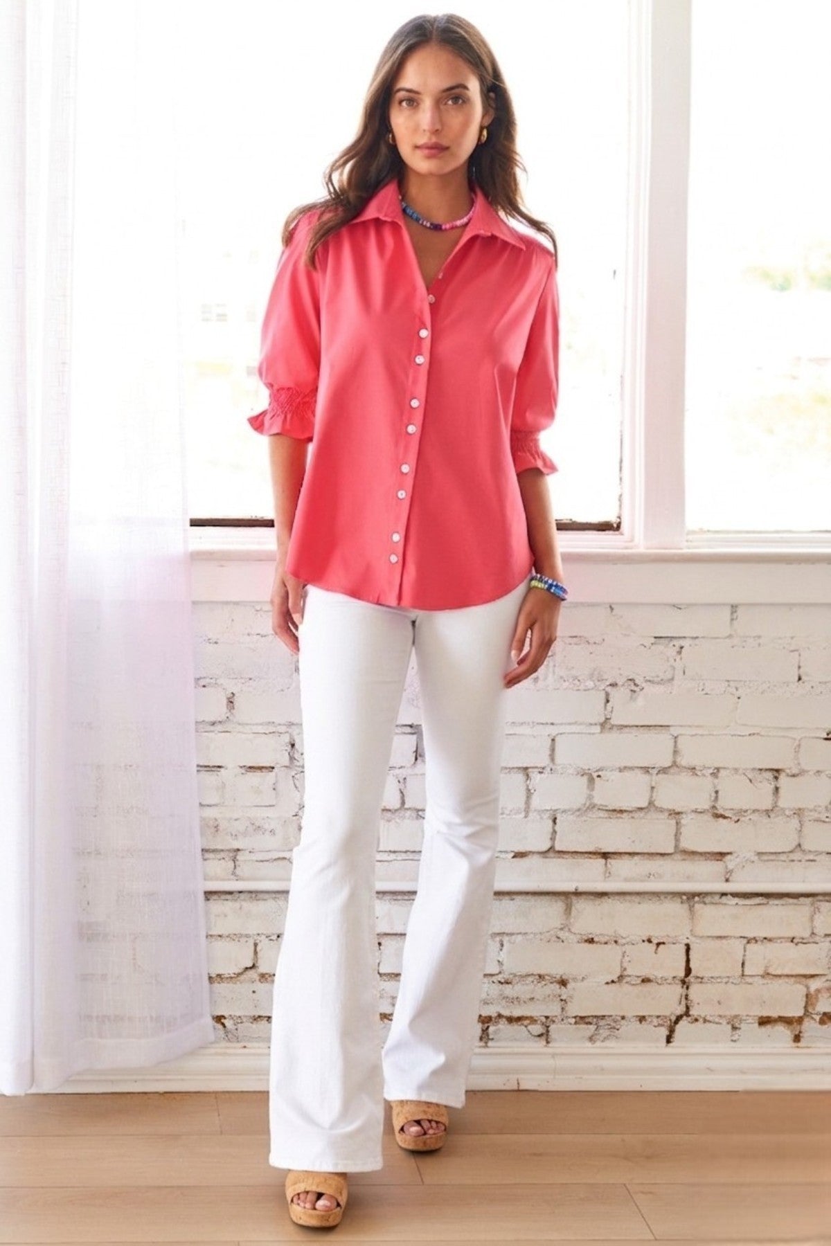 Sirena Puff Sleeve Poplin Blouse, Watermelon