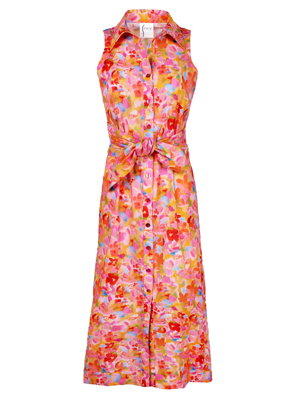 A front view of the Finley Ellis dress, a sleeveless maxi tie front dress with a pink & orange floral print.