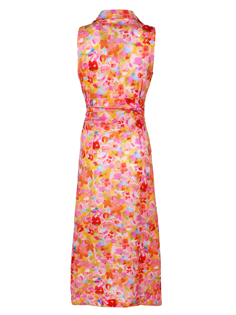 A rear view of the Finley Ellis dress, a sleeveless maxi tie front dress with a pink & orange floral print.