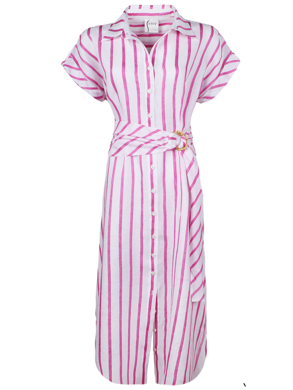 A front view of the Finley Smithy dress, a linen tie front maxi dress with a bamboo belt and pink vertical stripes.
