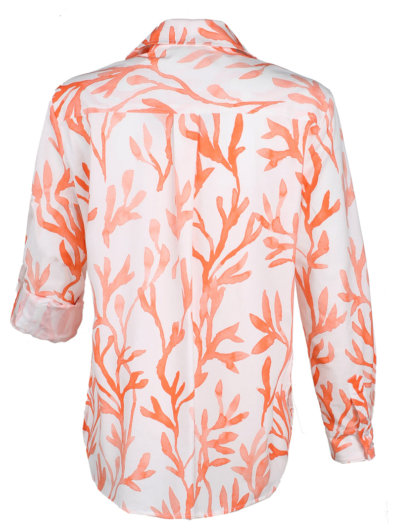 A rear view of the Finley Andrew blouse, a long sleeve button down blouse with a chest pocket and an orange watercolor coral print.