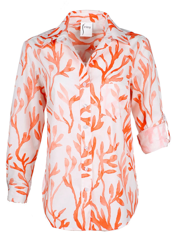 A front view of the Finley Andrew blouse, a long sleeve button down blouse with a chest pocket and an orange watercolor coral print.
