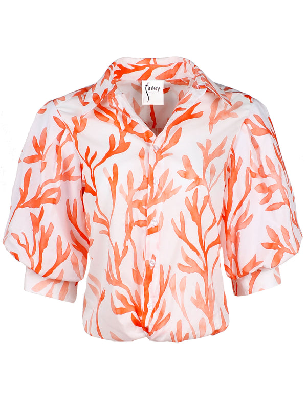 A front view of the Finley Bomba blouse, a button-down ladies blouse with elbow blouson sleeves, a front-twist hem, and an orange coral watercolor print.