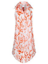 A front view of the Finley Swing Dress, a sleeveless button-down relaxed fit maxi dress with an orange coral reef print.