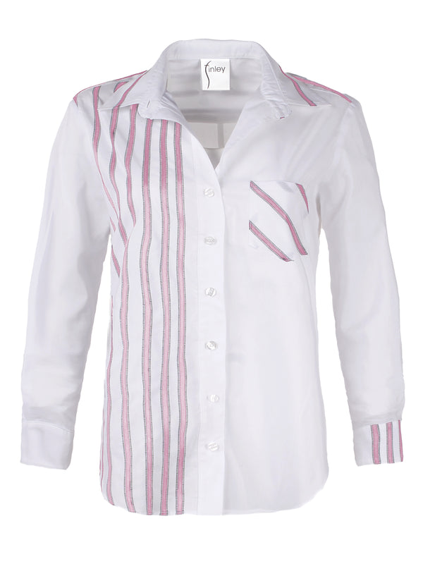 A front view of the Finley Alex blouse, a button down white designer blouse with pink stripe color blocking and a front pocket.