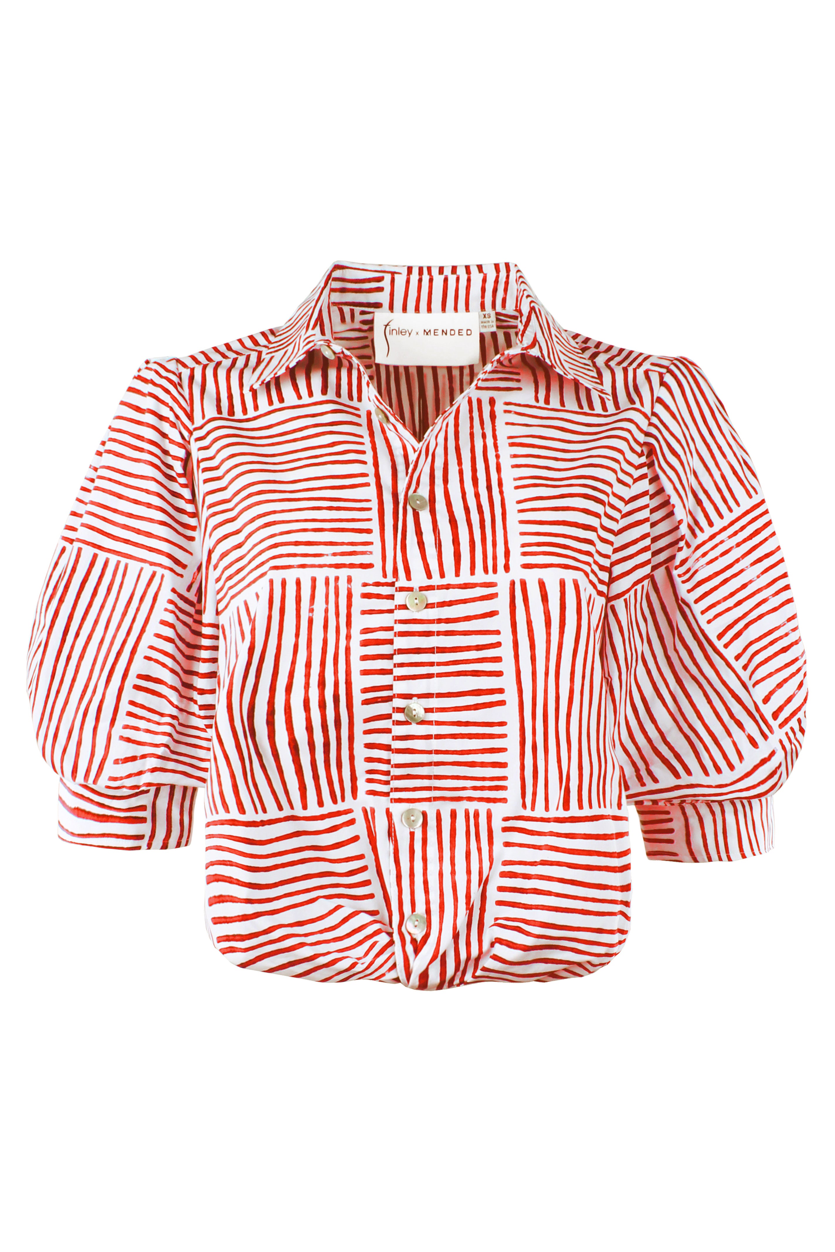 Orange and white stripe blouse with puff sleeves on a white background