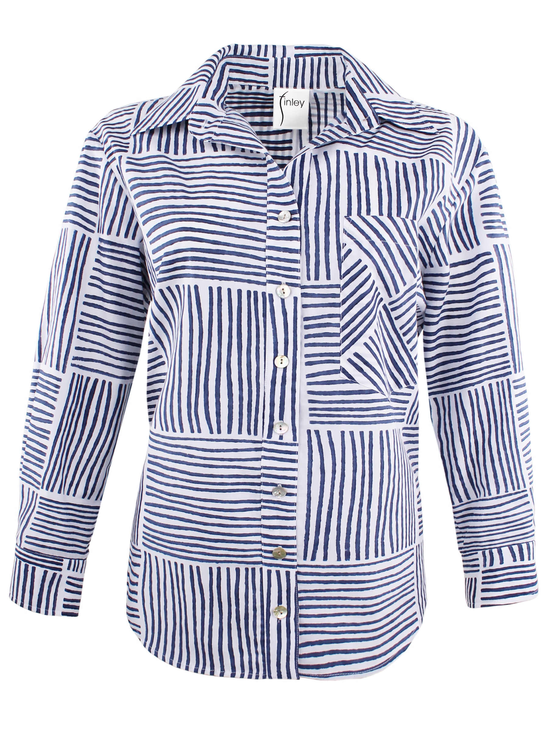 Blue and white striped shirt on a white background