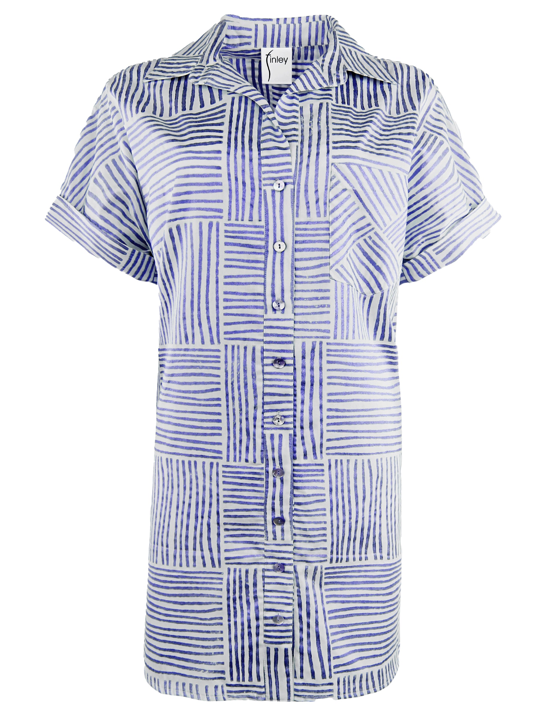 Blue and white patterned shirt on a white background