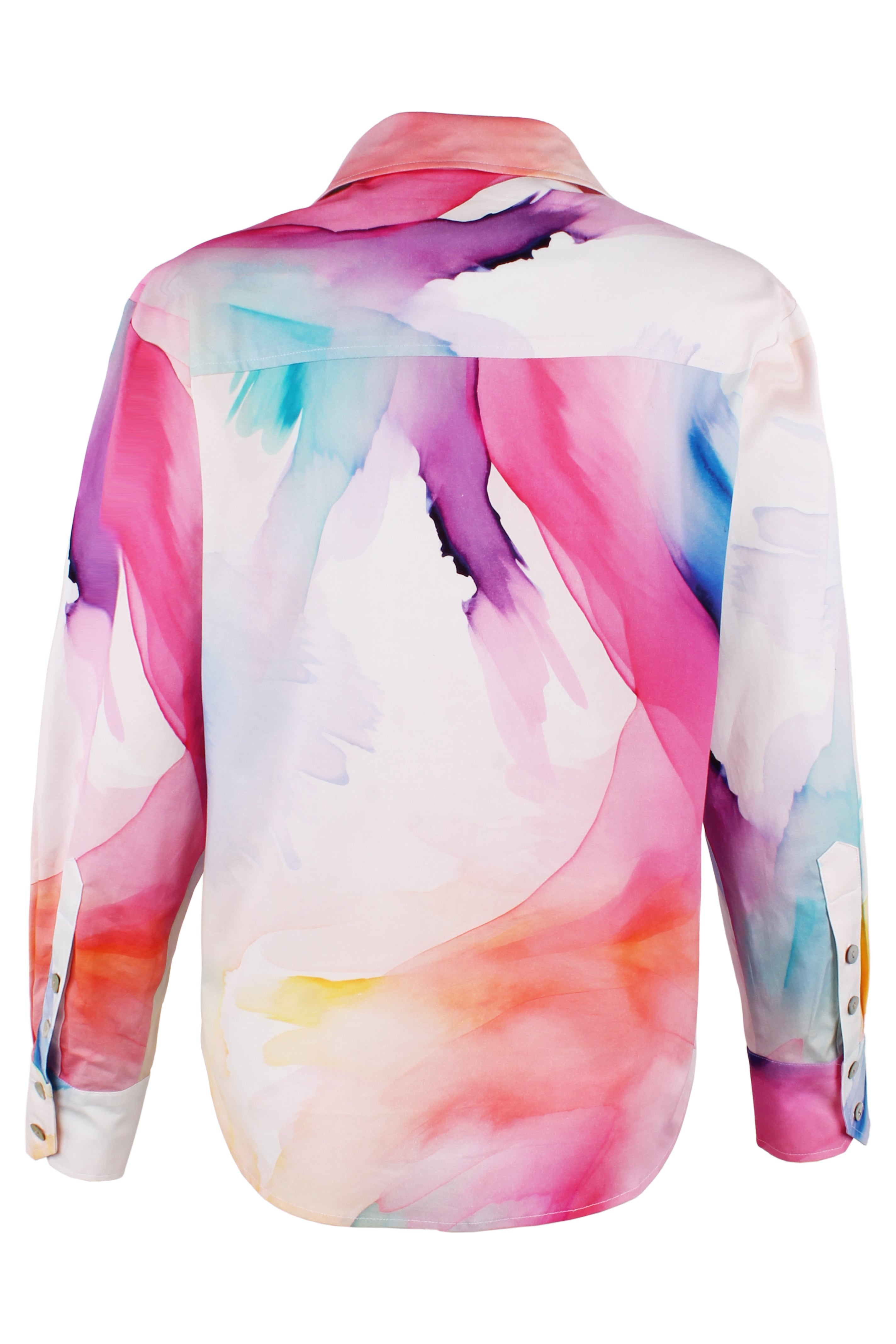 a back view of the Finley Andie blouse with a watercolor print, long sleeves, cropped length, relaxed fit, and chest pocket.