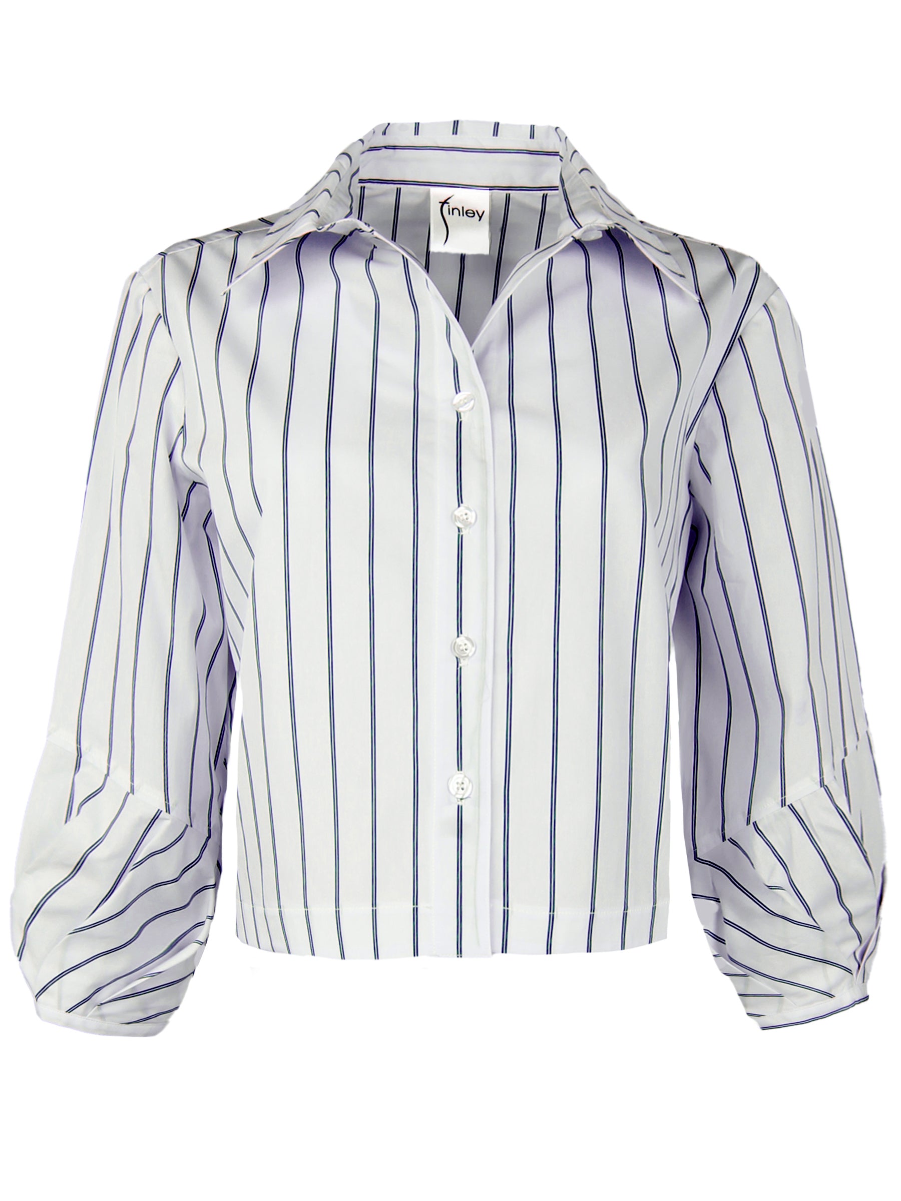 A front view of the Finley Emmy blouse, a cropped poplin shirt with pleated cuffs, a relaxed shape, and blue pinstripes.
