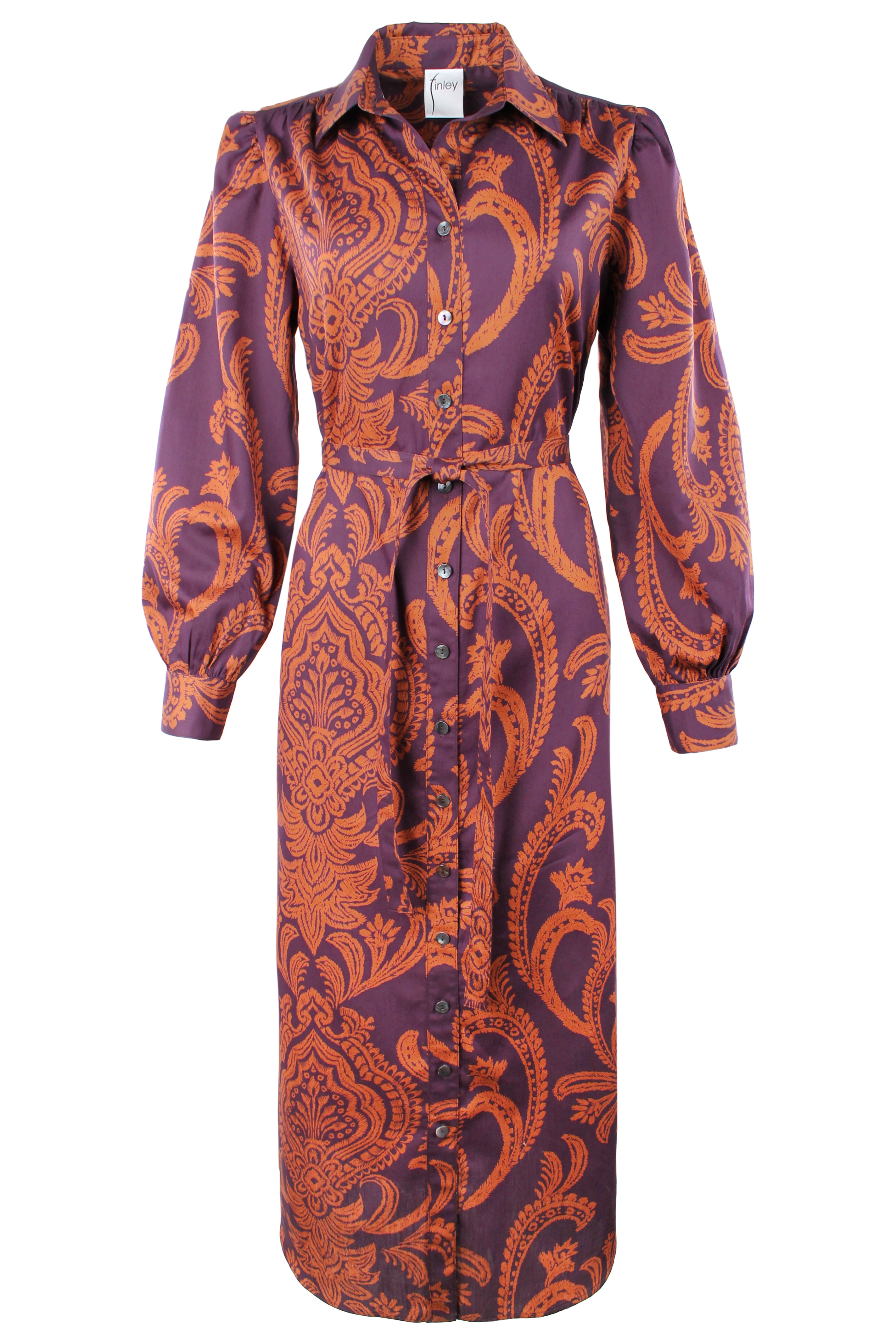 Long-sleeve dress with orange and purple paisley pattern on a white background