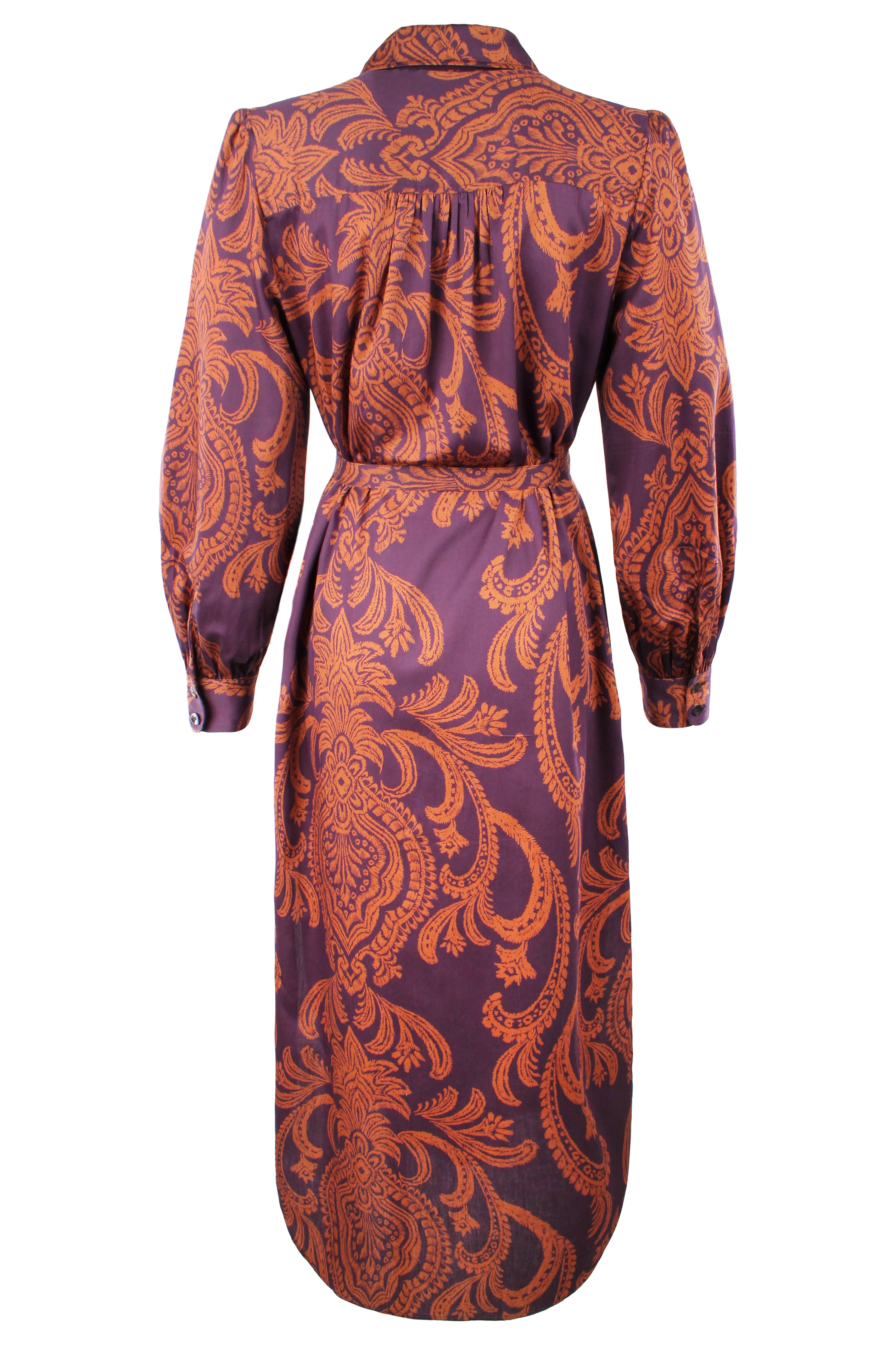 Long-sleeve dress with orange and purple pattern on a white background