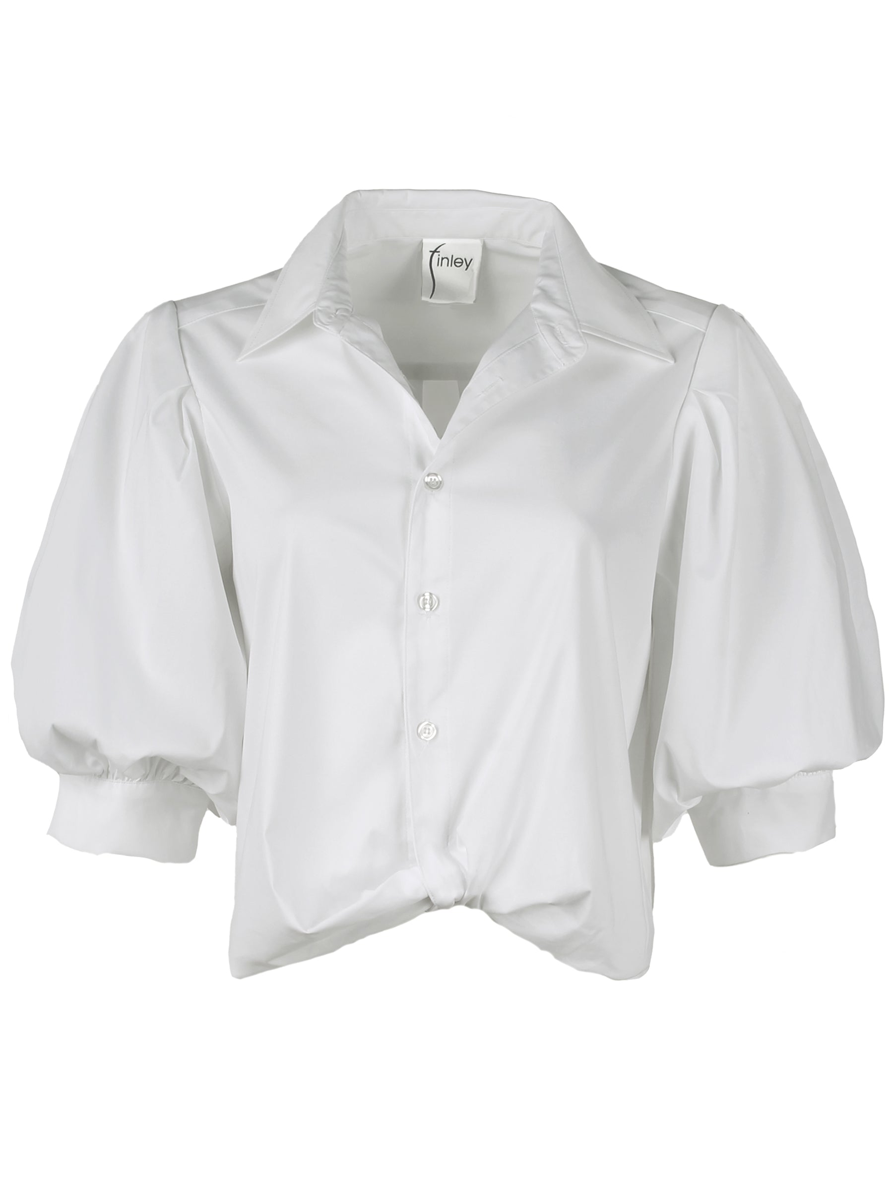 The Finley Bomba blouse, a casual white designer blouse with short puff sleeves and a relaxed fit.