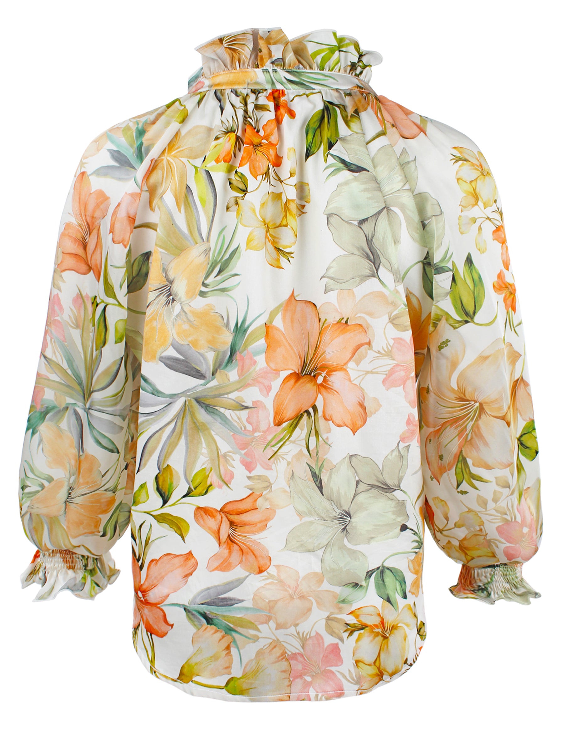 Back view: Finley Fiona floral print shirt featuring a ruched back, rounded hem, and smocked cuffs. Relaxed fit in 100% cotton