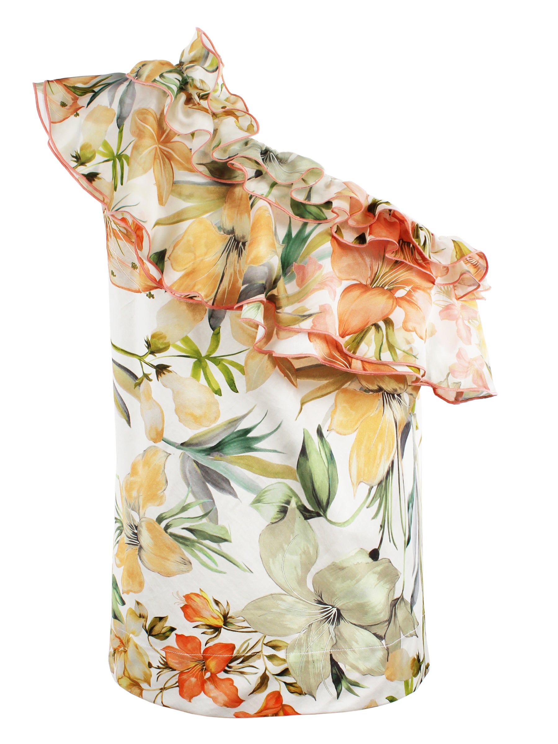 Back view: Kate floral print one-shoulder top with ruffle detail at the neckline. 100% cotton bodice.