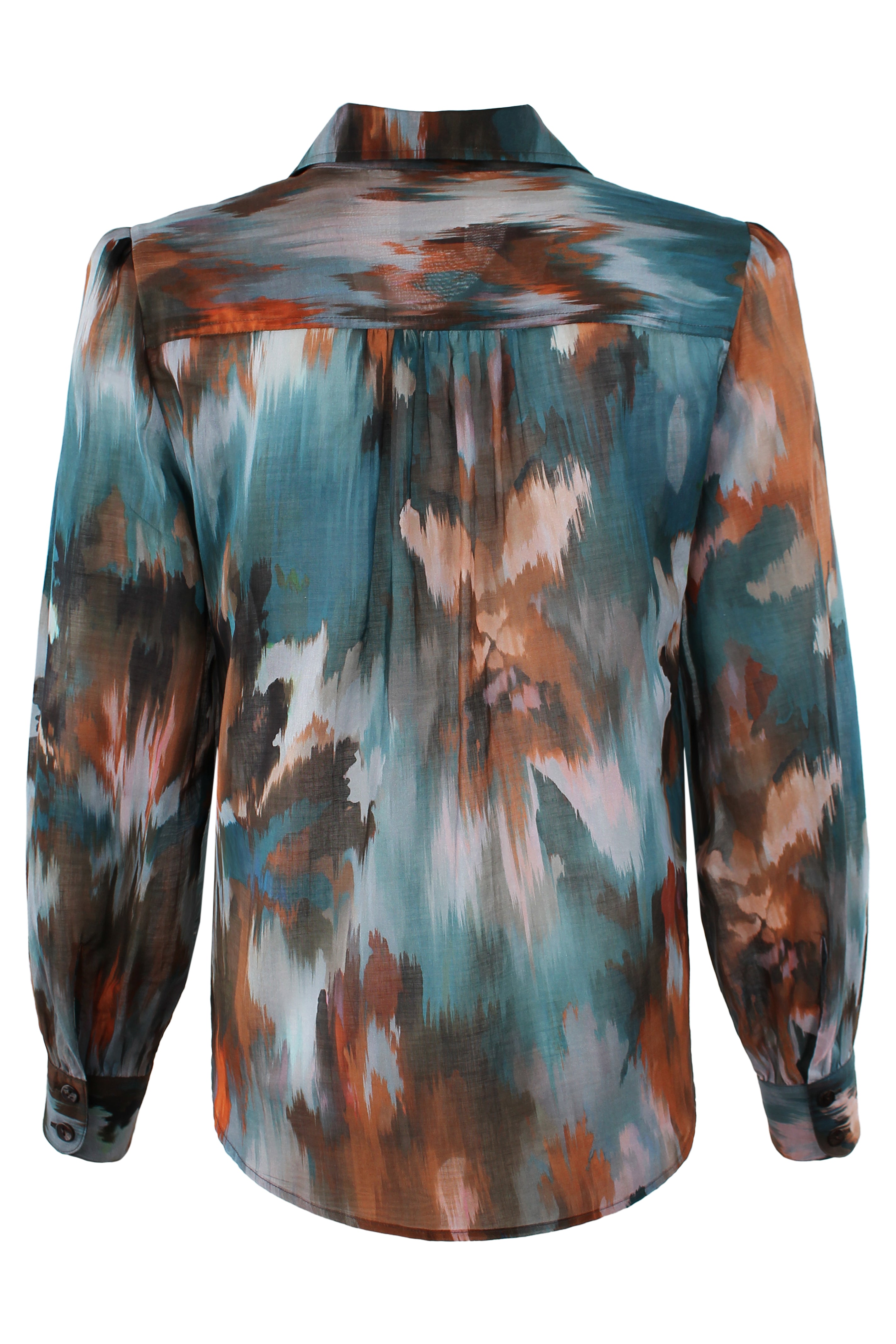 Rear view of the Finley Collette blouse, a women's cotton voile blouse with a green floral autumn print.