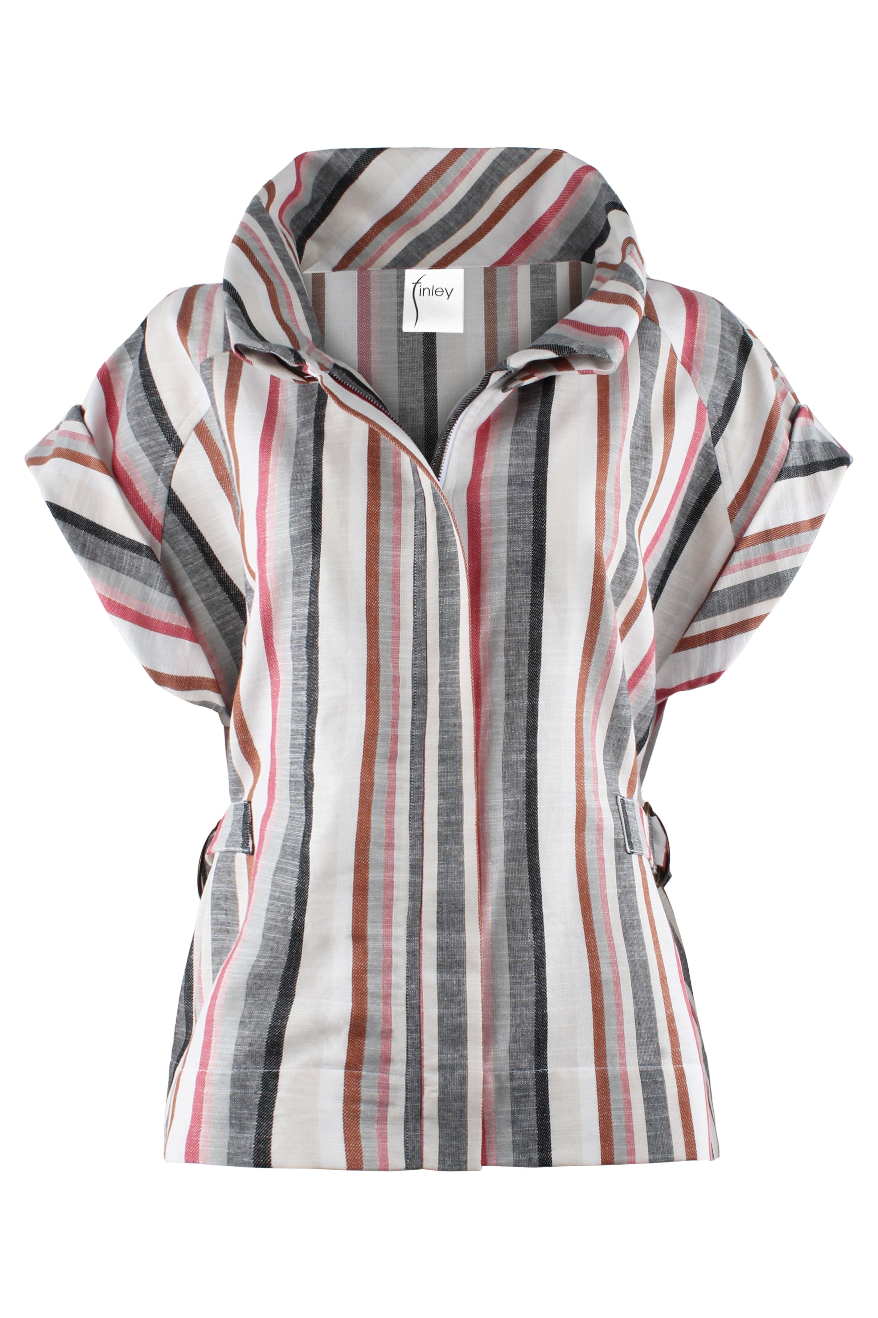 A women's short-sleeve collared top with vertical stripes in white, gray, black, and muted red, shown against a plain white background.