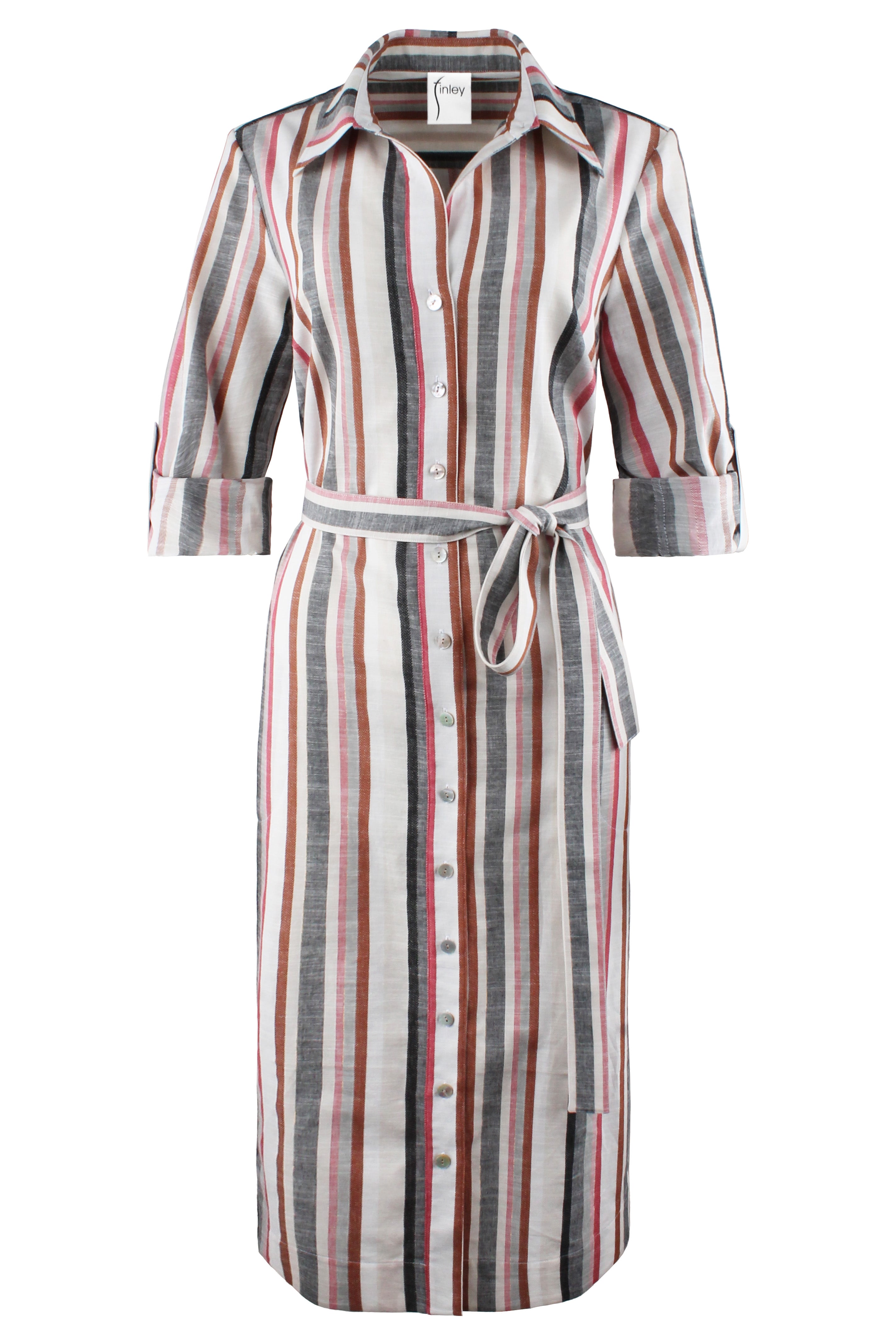 Striped dress with a belt on a white background
