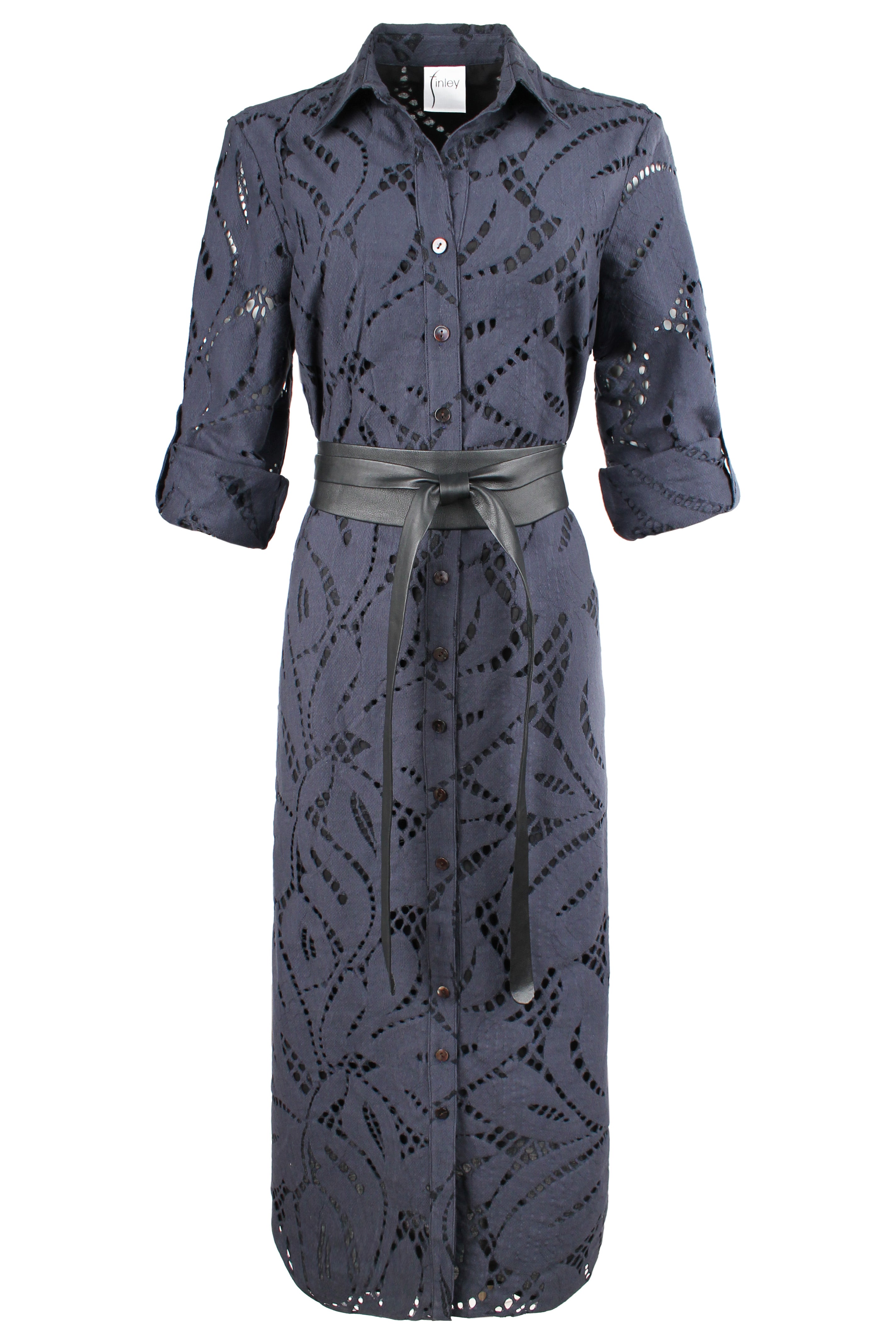 Long dark blue dress with a pattern on a white background