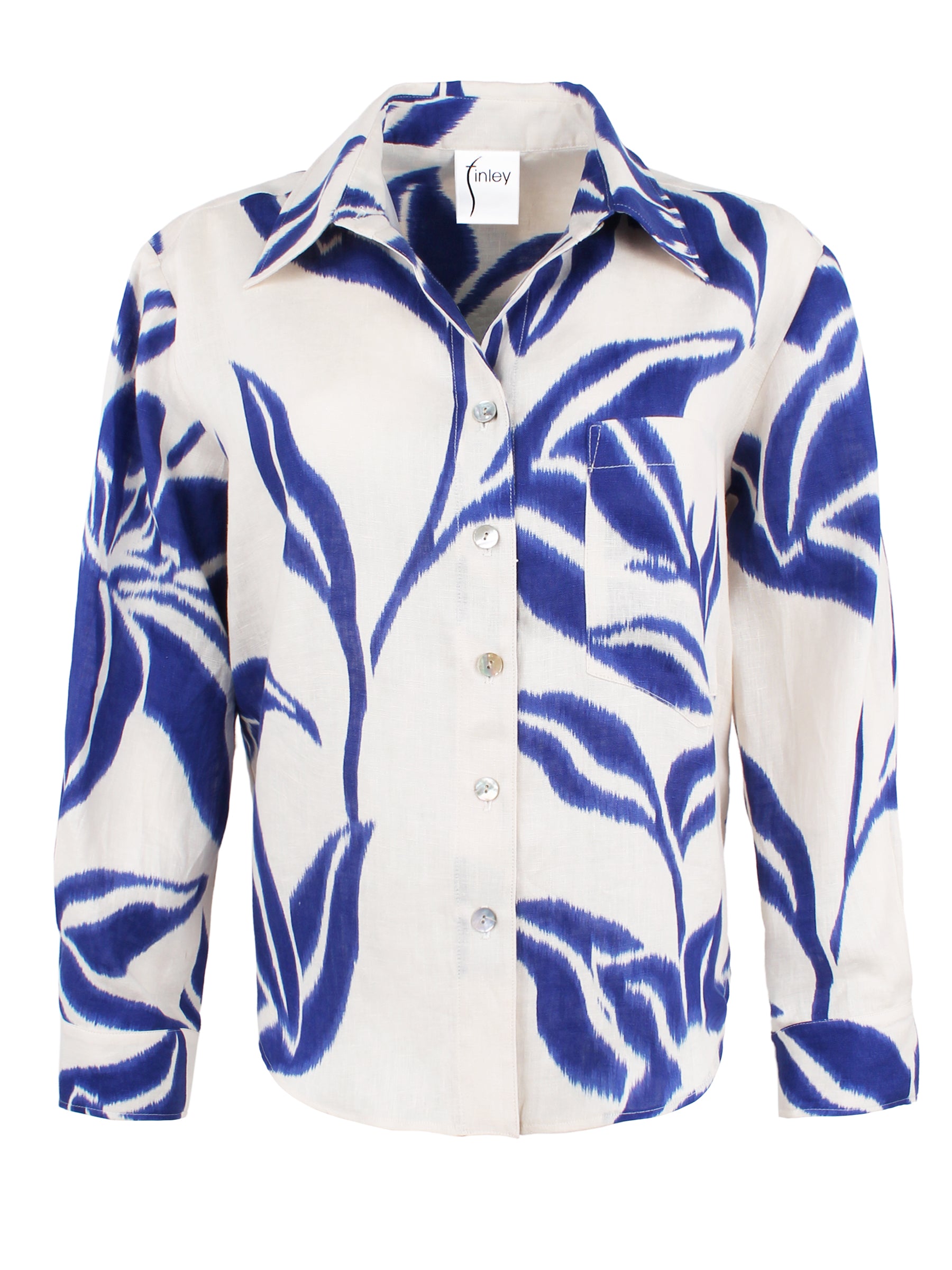 A front view of the Andie crop blouse, crafted in 100% linen with a point collar, long sleeves, and a raspberry floral batik pattern.