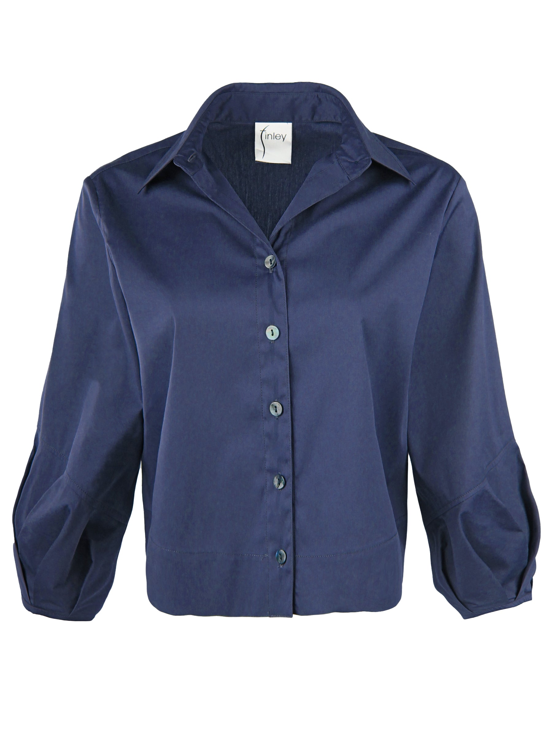 Emmy, Pleated Cuff Cropped Poplin Shirt, Navy Blue Silky Poplin