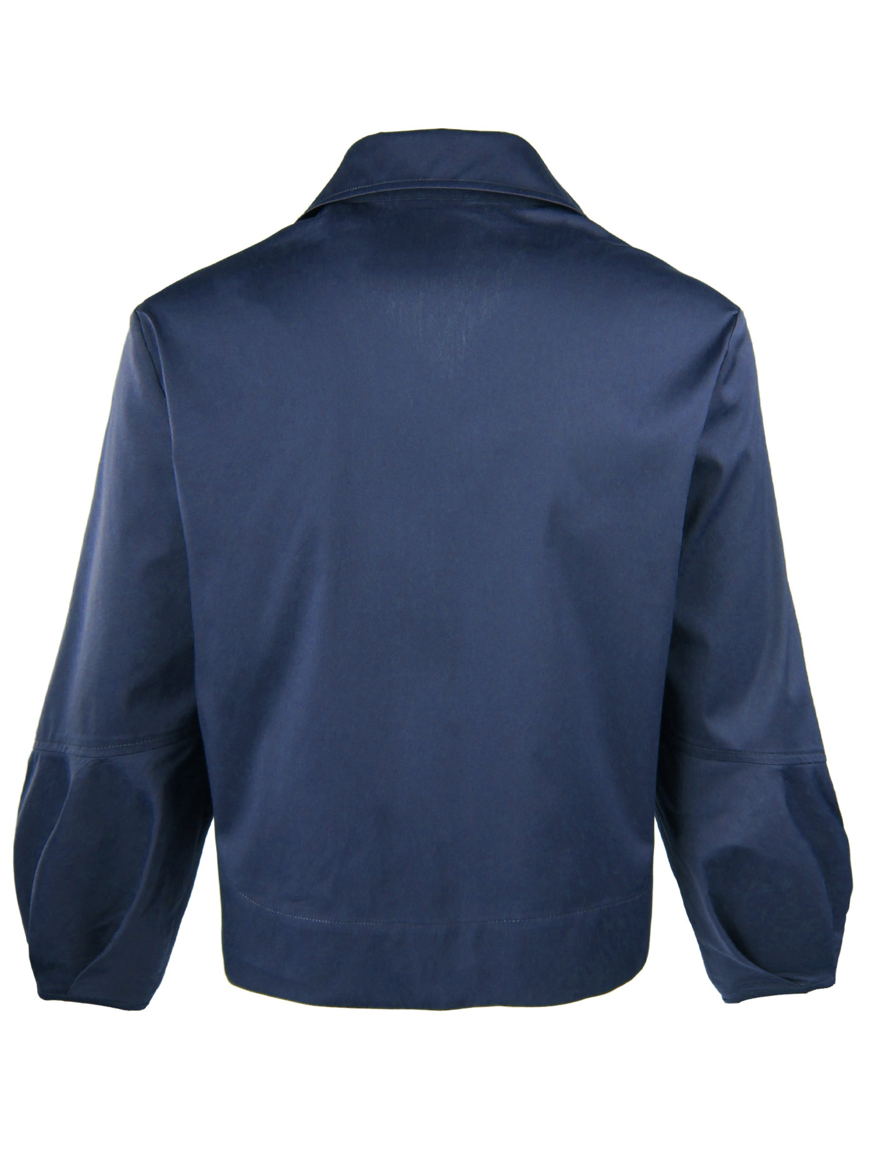 Emmy, Pleated Cuff Cropped Poplin Shirt, Navy Blue Silky Poplin