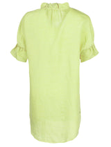 The Finley Crosby shirt dress, a casual washed linen key lime green midi shirtdress with short sleeves and a ruffle collar detail.