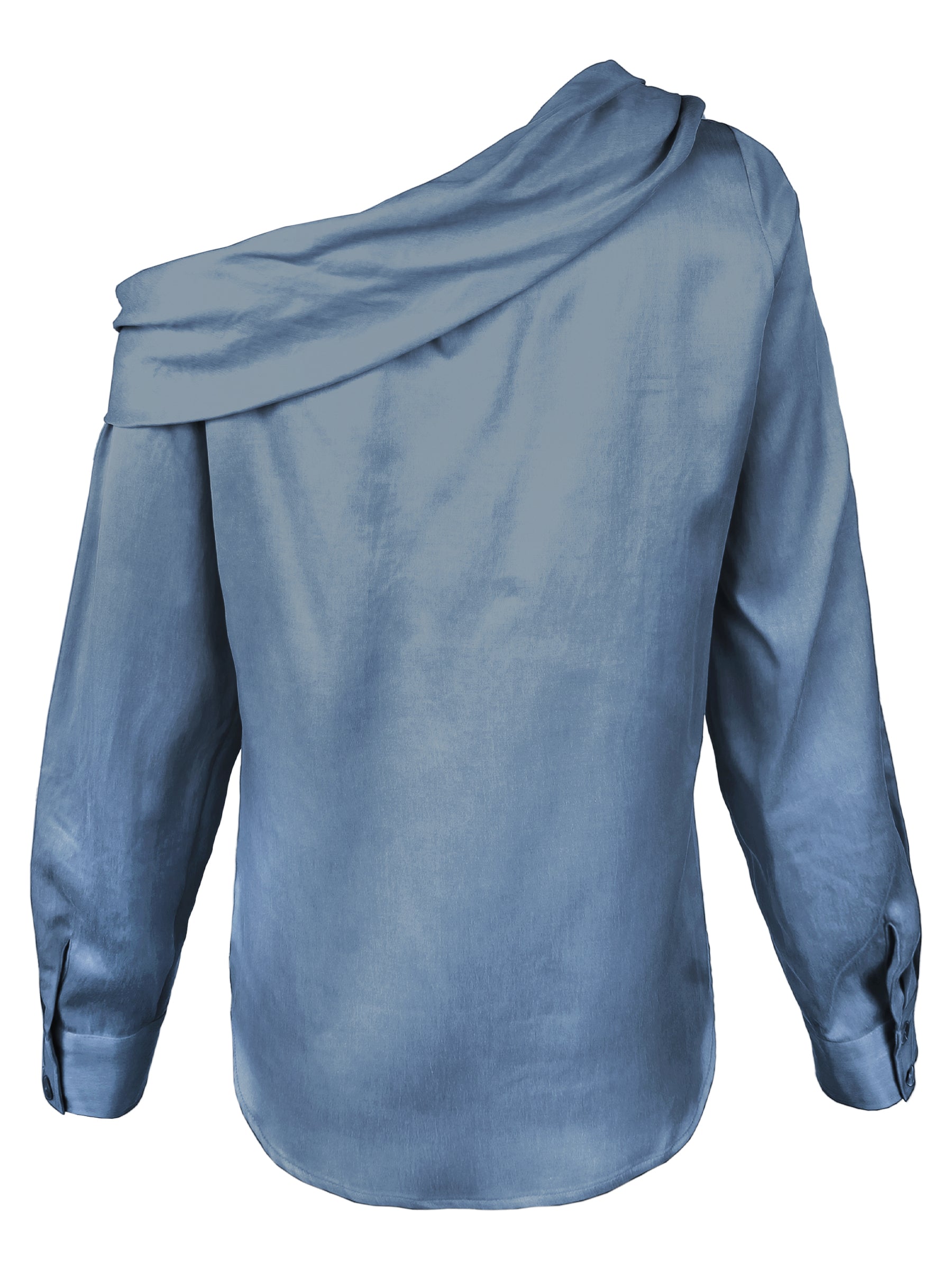 A back view of the Dani shirt, featuring long sleeves, an off-shoulder foldover neckline, cupro cotton fabric in dark teal, and a relaxed shape.