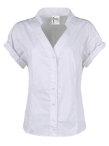 The Finley diamond top, a white poplin v-neck women's blouse with short sleeves and tailored waist darts.