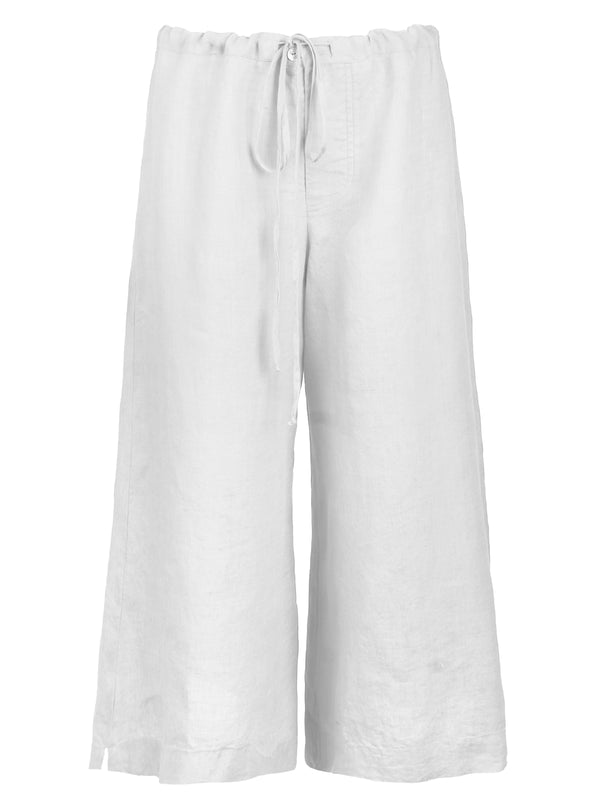 Wide Leg Washed Linen Drawstring Pants, White