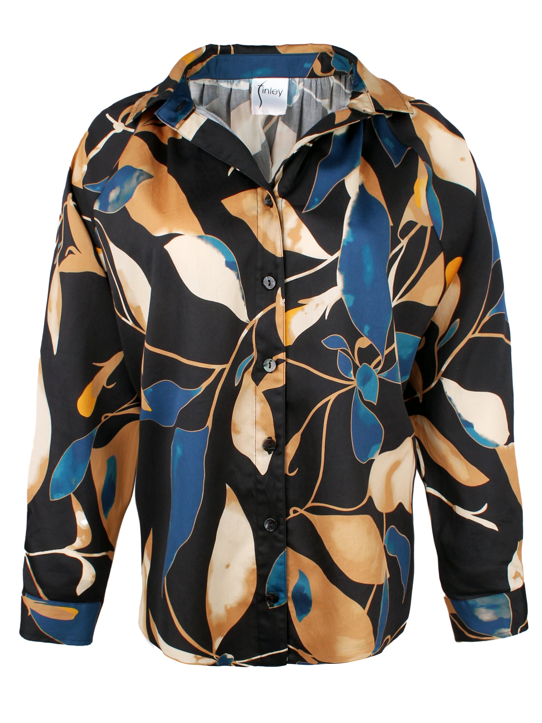 A front view of the Dylan shirt, featuring dolman sleeves, a shirttail hem, ruched neckline, oversize contour, 100% cotton, and navy and bronze floral print.